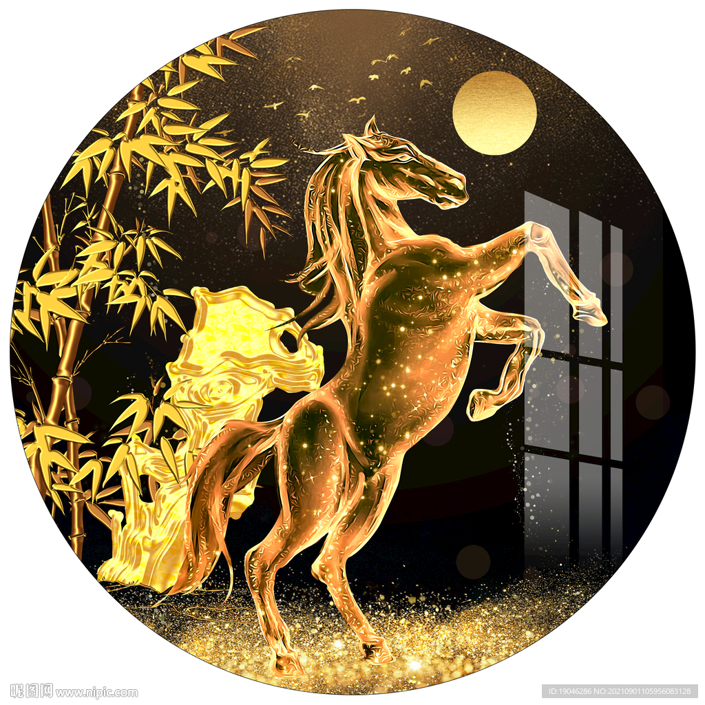 金色竹子马到成功圆形装饰画