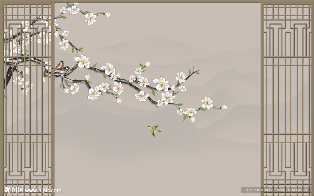 新中式工笔玉兰花鸟背景墙