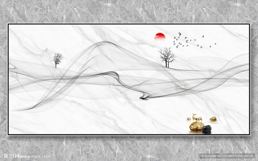 水墨麋鹿背景墙