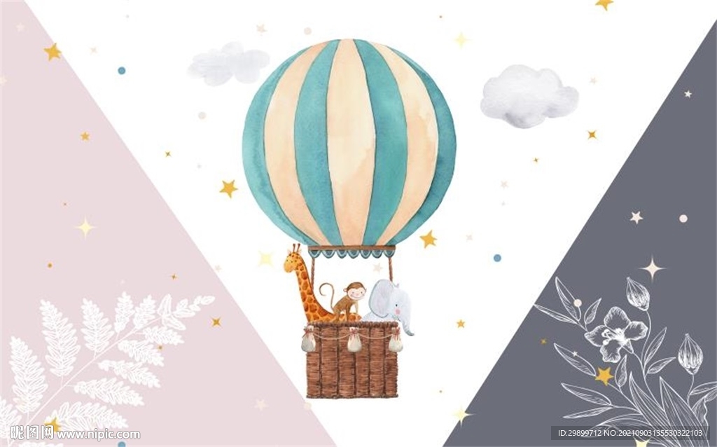 卡通热气球白云儿童背景