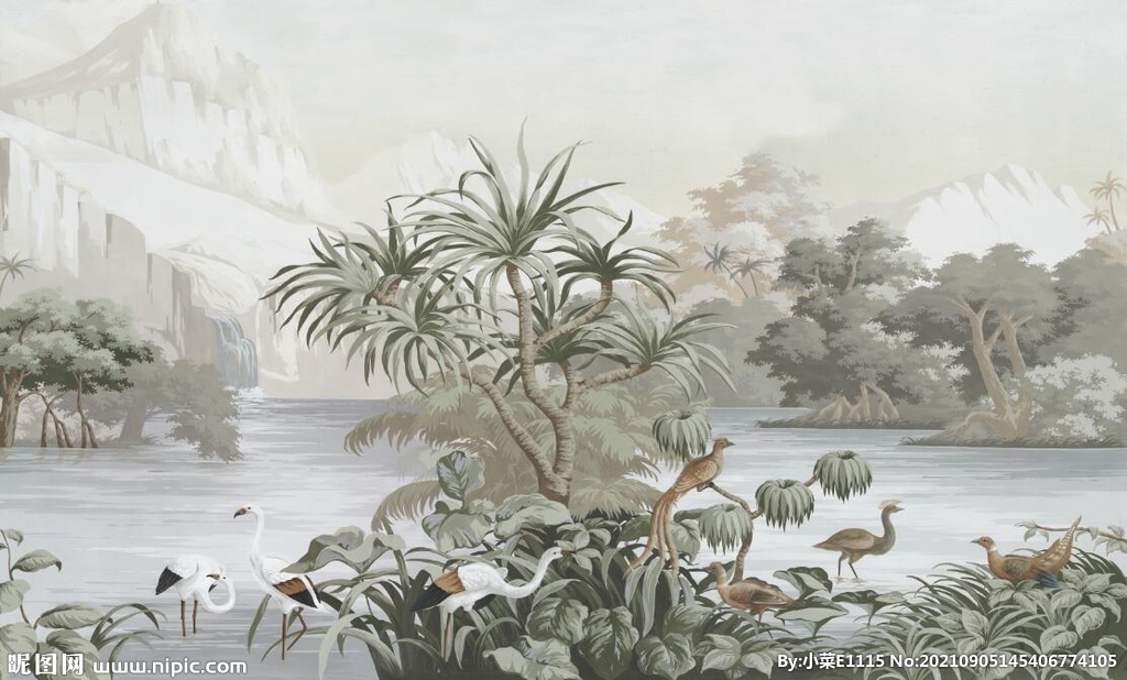 简约北欧手绘花鸟背景墙壁画植物