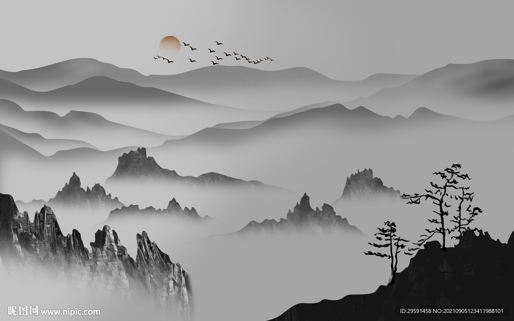 手绘山水画背景墙