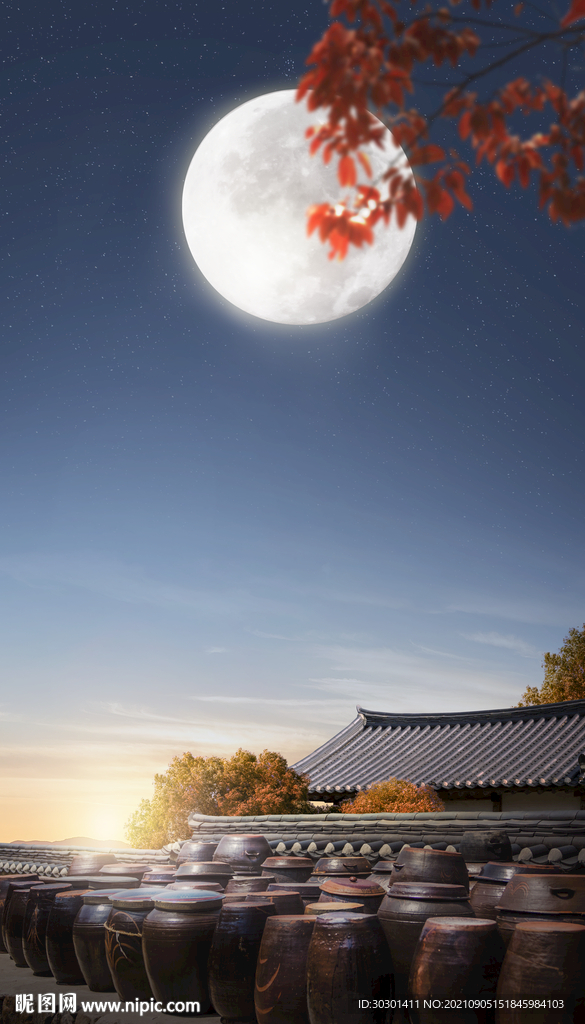 中秋古楼夜景唯美海报背景