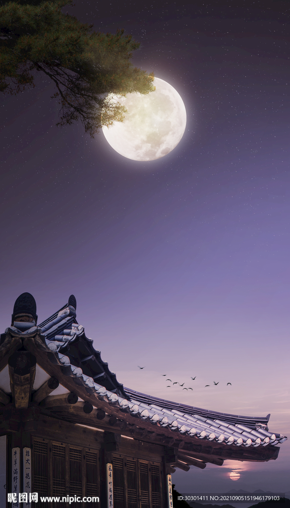 中秋夜景月亮古楼海报背景