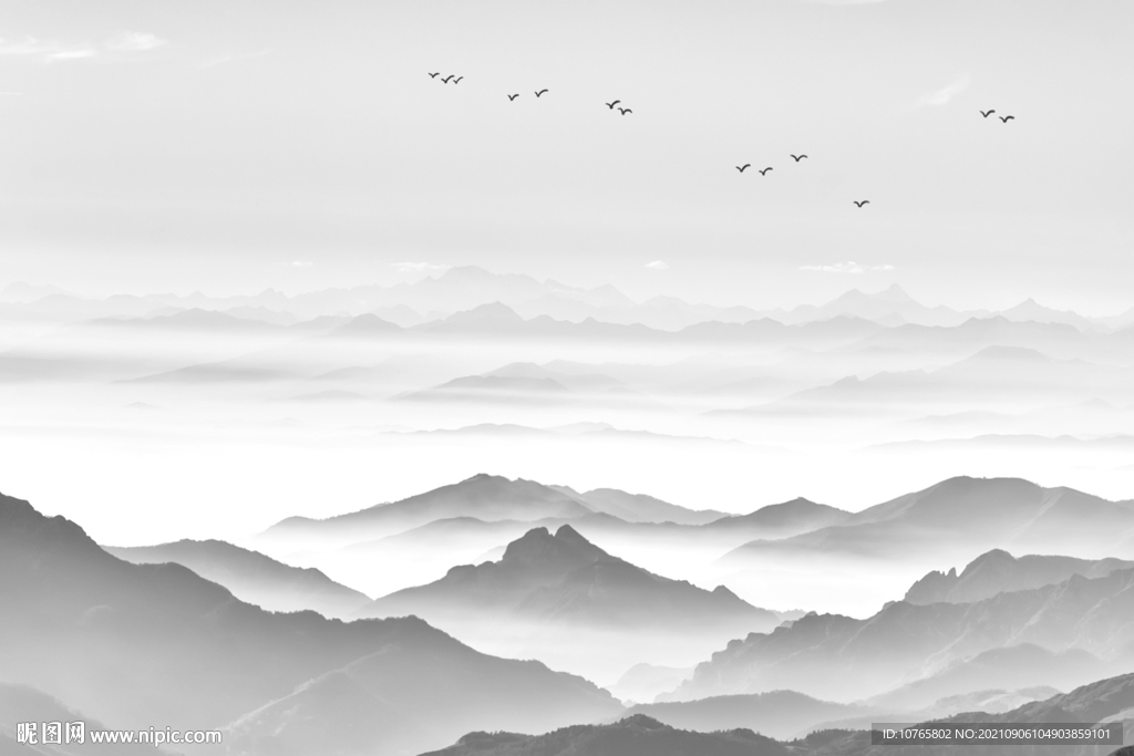 中式简约山水背景墙壁画飞鸟