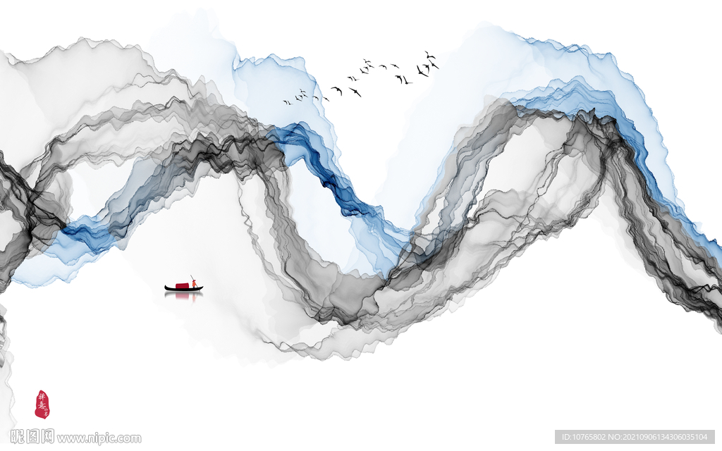 新中式简约曲线条山水背景墙壁画