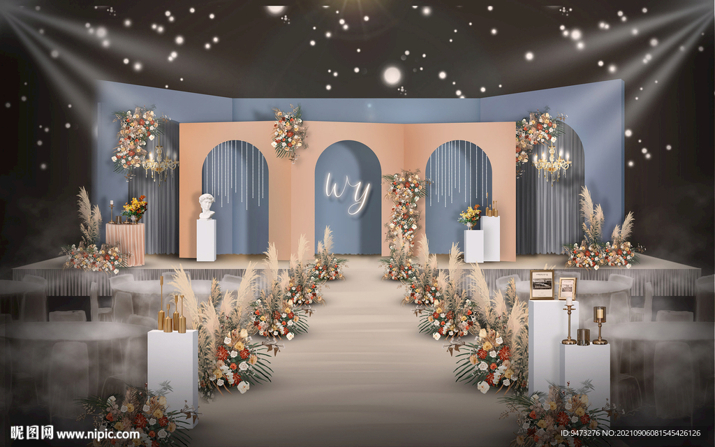 蓝橙色婚礼仪式区