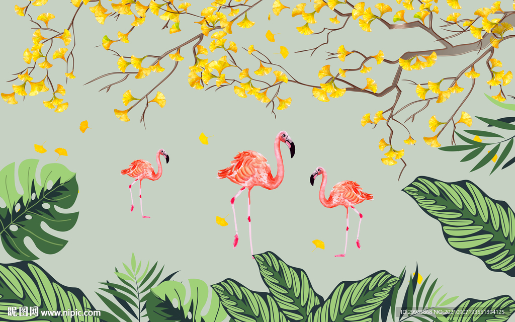 火烈鸟客厅背景墙画 tif分层