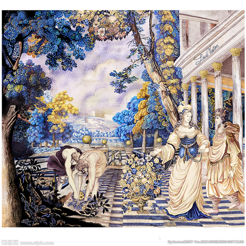 大牌方巾图案古西方欧洲人物手绘