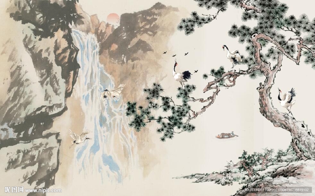 水墨松鹤延年国画电视背景墙