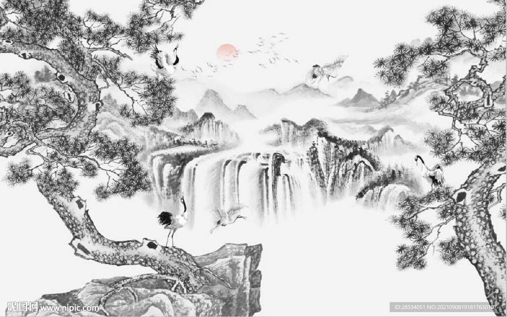 水墨松鹤延年国画电视背景墙
