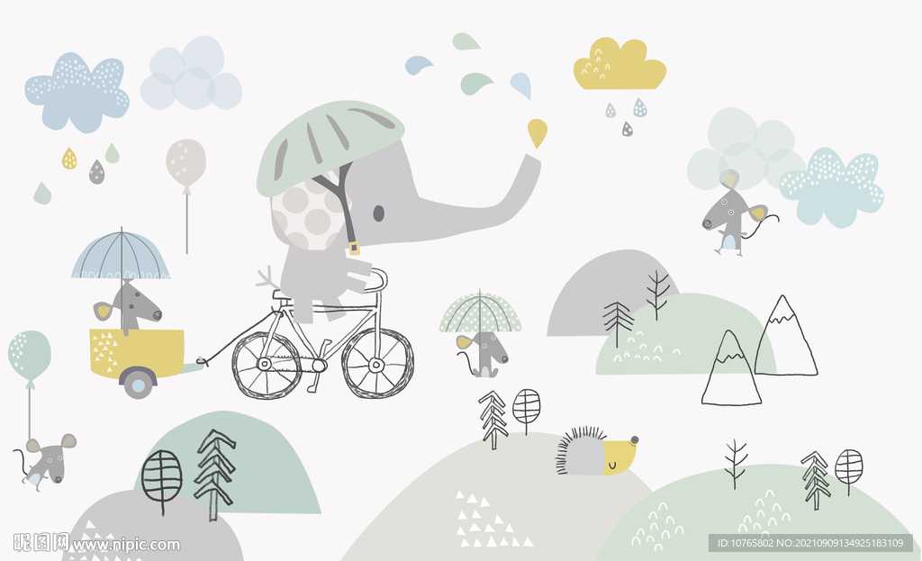 卡通大象自行车儿童房背景墙壁画