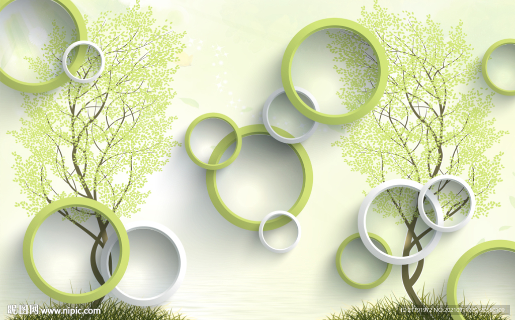 现代圆圈3d树木背景墙