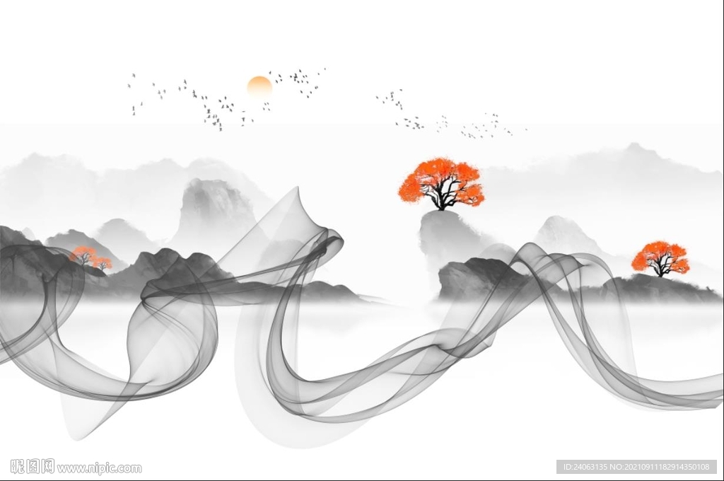 新中式曲线山水背景墙