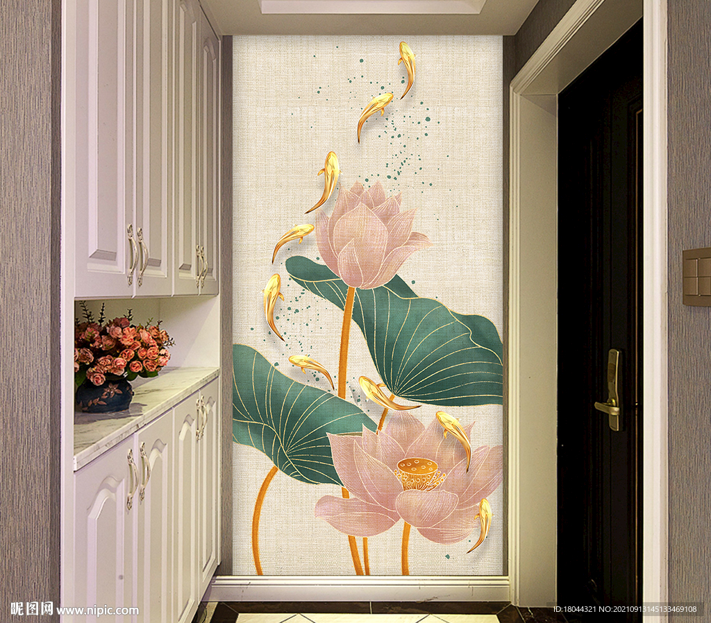轻奢荷花九鱼图玄关装饰画