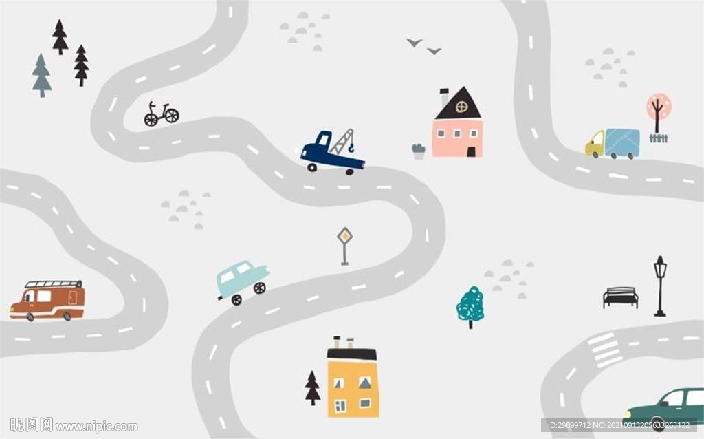北欧手绘卡通汽车马路房子壁纸