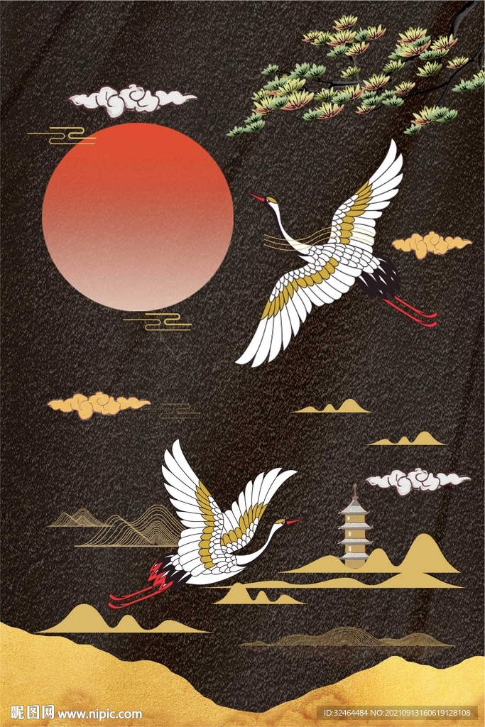 国潮仙鹤松树金山