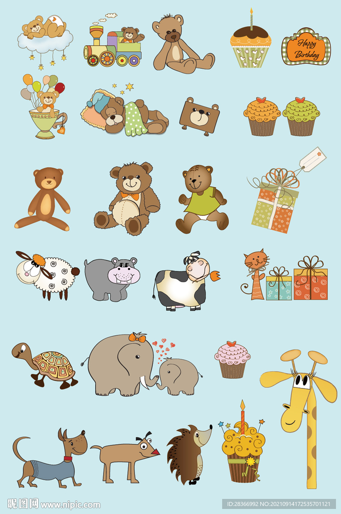 AI矢量手绘卡通动物生日礼物