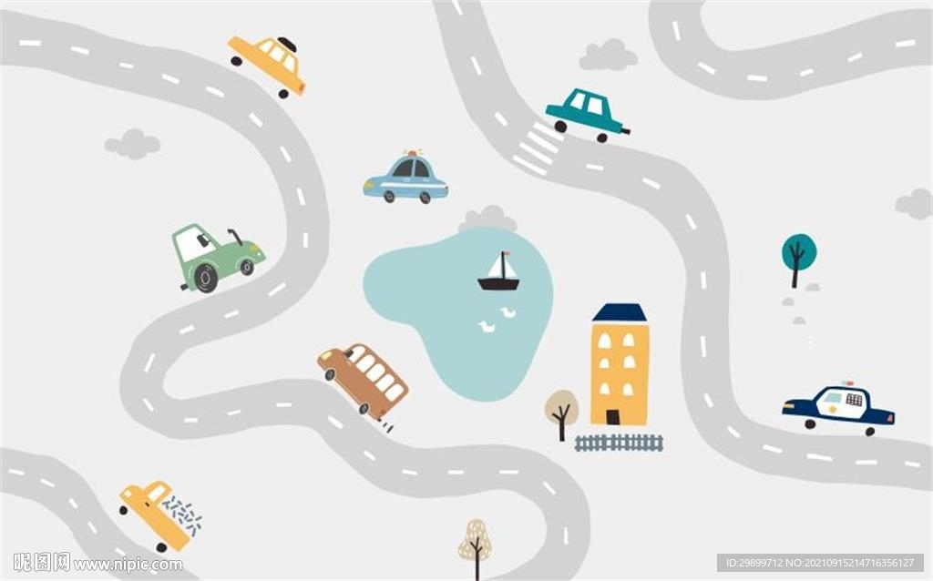 北欧手绘卡通汽车马路房子背景