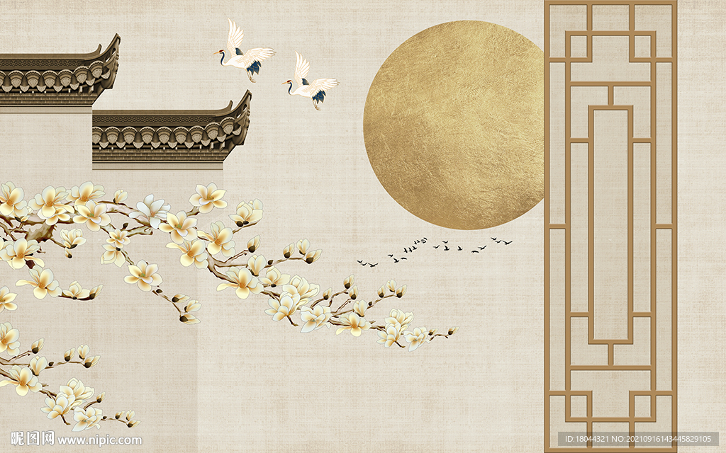 新中式花鸟图古建筑电视背景墙