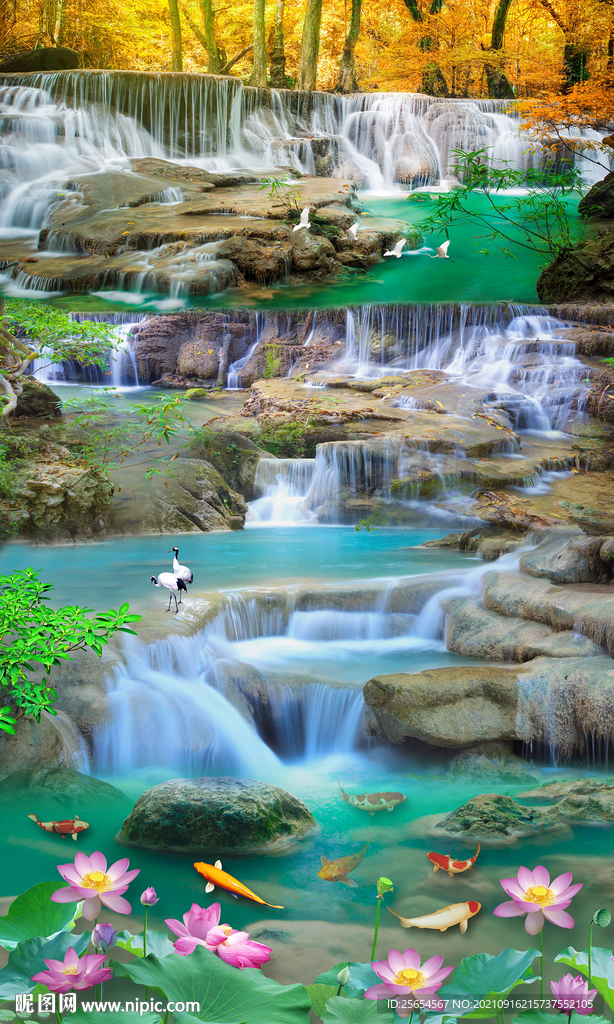 流水瀑布荷花鲤鱼3D立体画地板