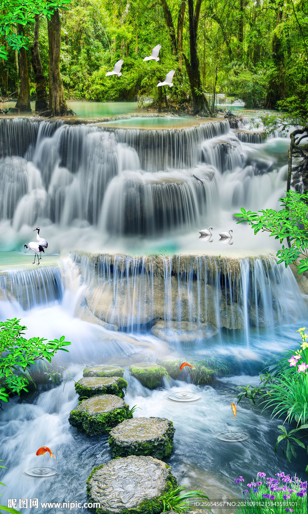 流水生瀑布3D立体画