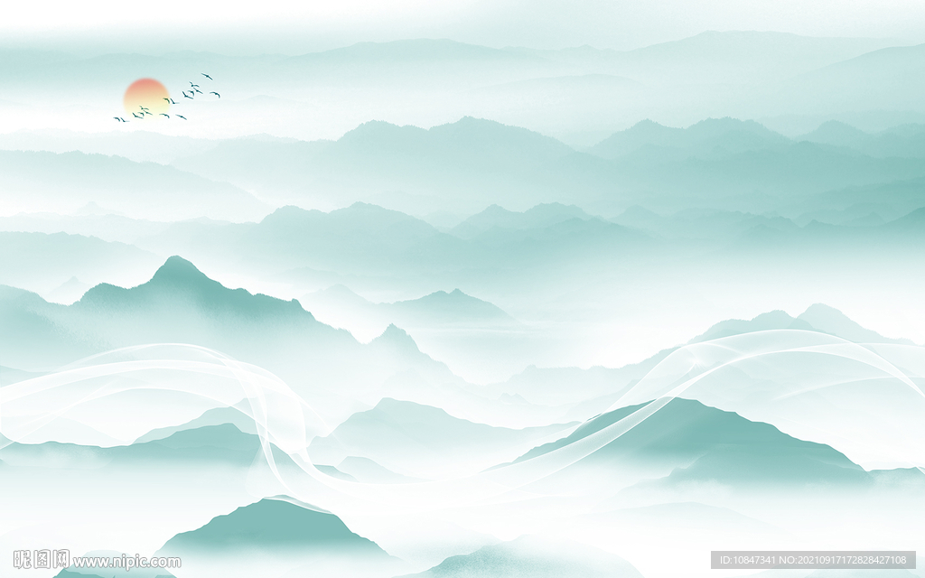 蓝色意境山水新画 TIF分层