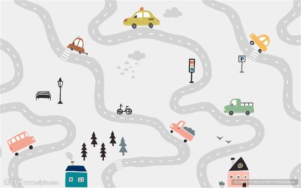北欧手绘卡通小汽车马路房子背景
