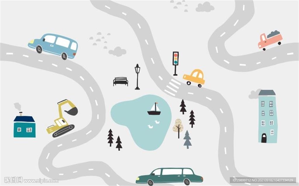 湖泊手绘卡通小汽车马路房子背景