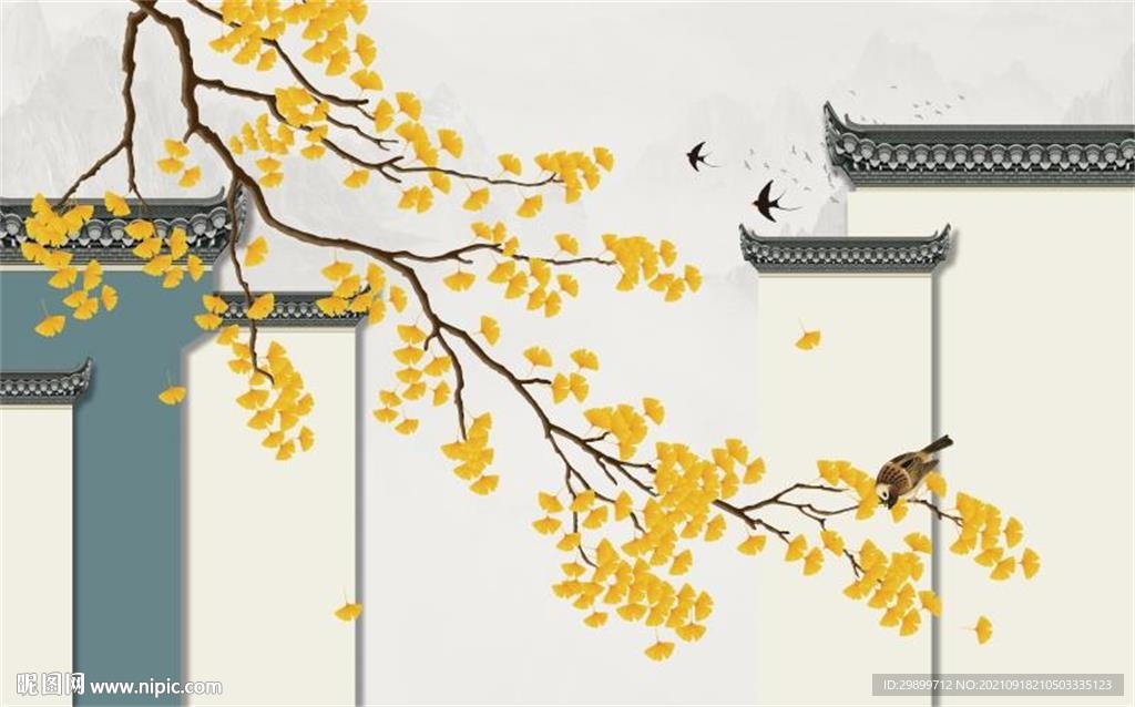 银杏叶子飞鸟山水马头墙背景墙