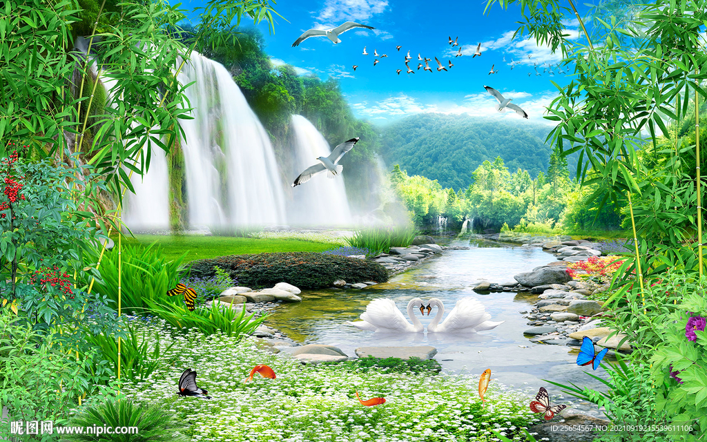 美景流水生财自然风光风景画