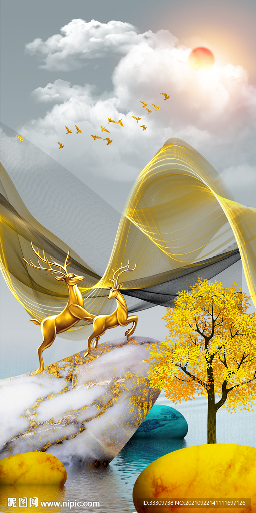 时来运转麋鹿山水抽象装饰画