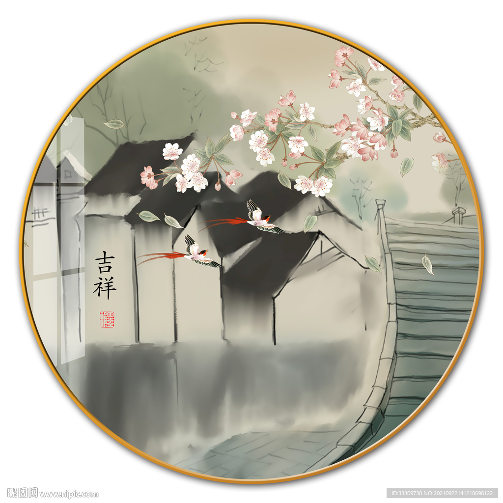 手绘国潮水墨民宿装饰画