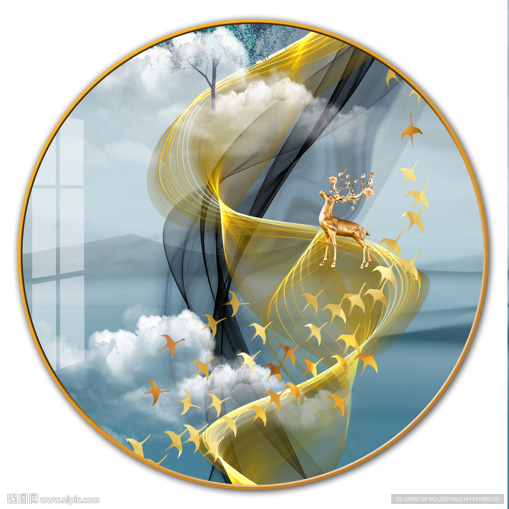 福禄烁金麋鹿山水抽象装饰画