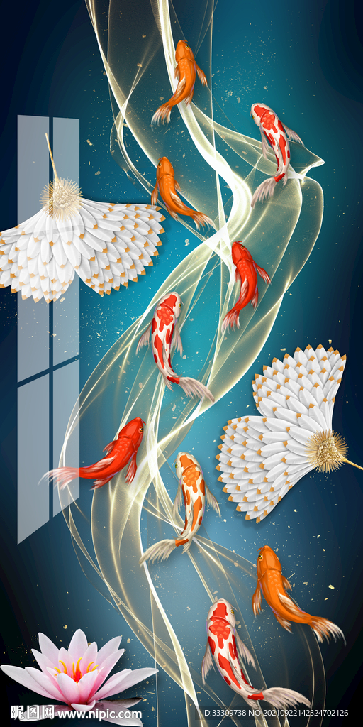  年年有余金色线条九鱼图装饰画