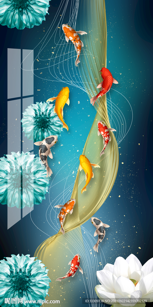 年年有余金色线条九鱼图装饰画