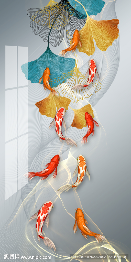 年年有余金色线条九鱼图装饰画