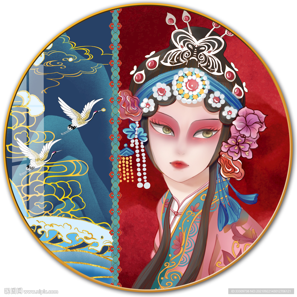  国潮古代美女工装脸谱装饰画