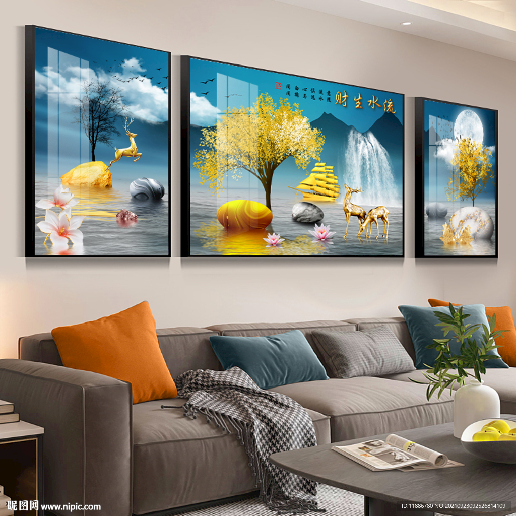 流水生财麋鹿发财树晶瓷画装饰画