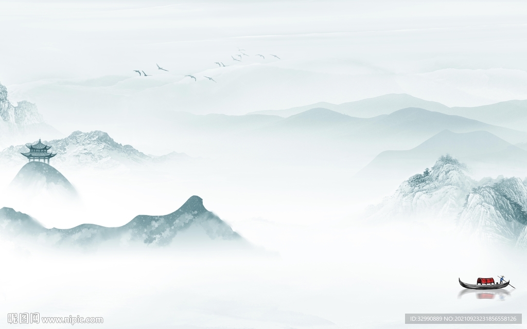 中国风山水背景墙画 TIF分层