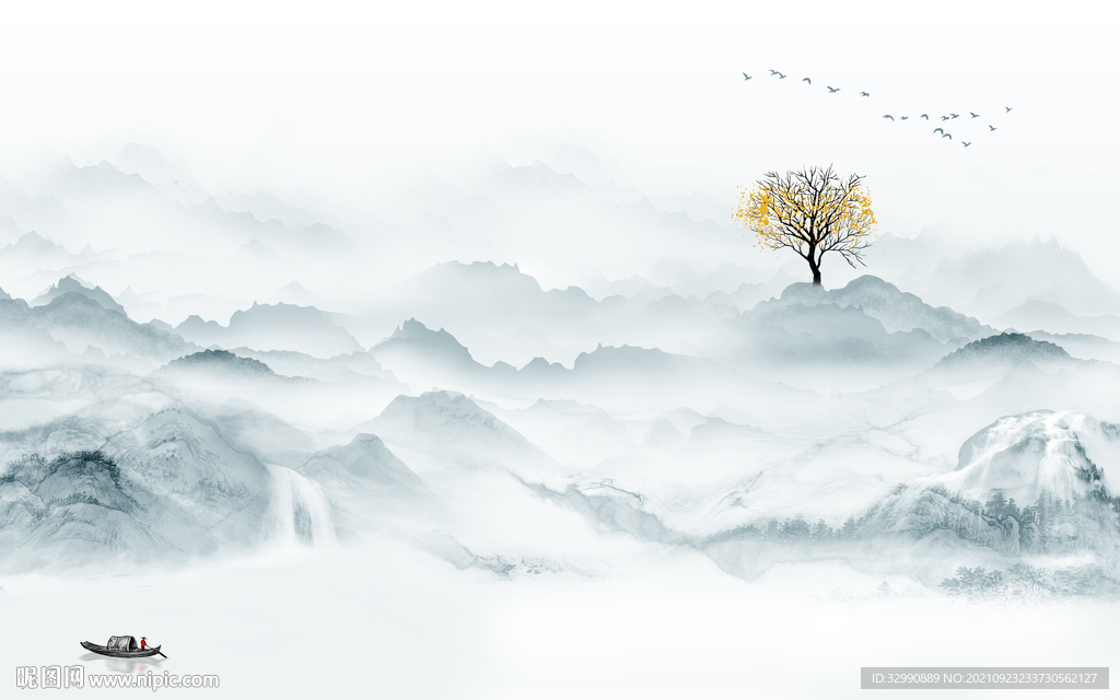 新中式山水背景墙画 TIF分层