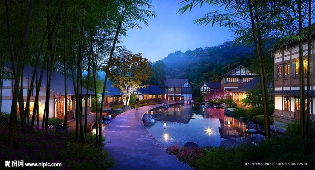 旅游民宿景观夜景效果图图片