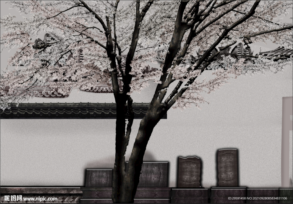 房屋樱花树背景墙