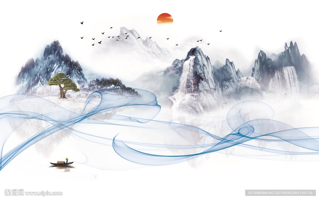 意境 山水中式墙画 TIF分层