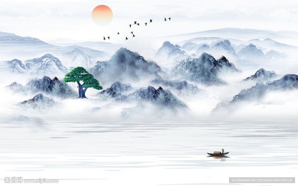 高端 山水中式墙画 TIF分层