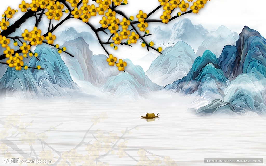 现代山水中式墙画 TIF分层