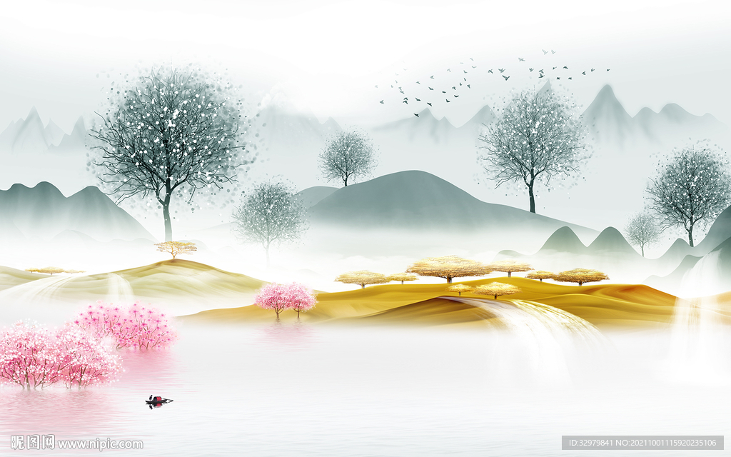 爆款 客厅中式山水 TIF分层