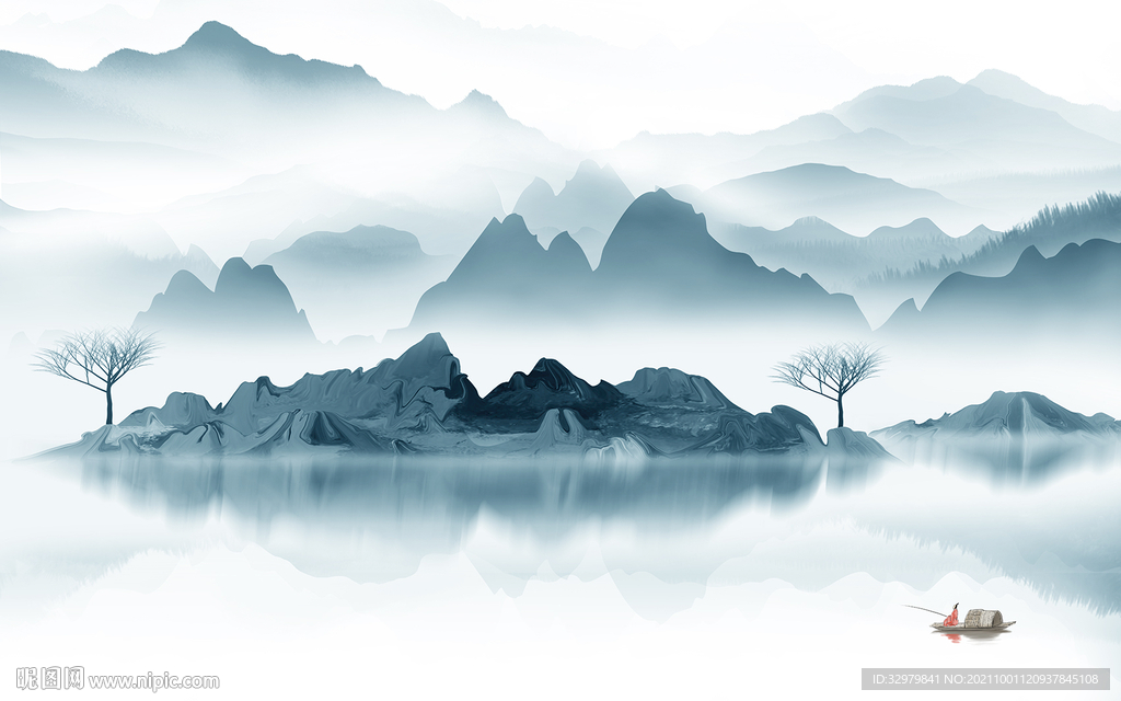 蓝色客厅中式山水 TIF分层