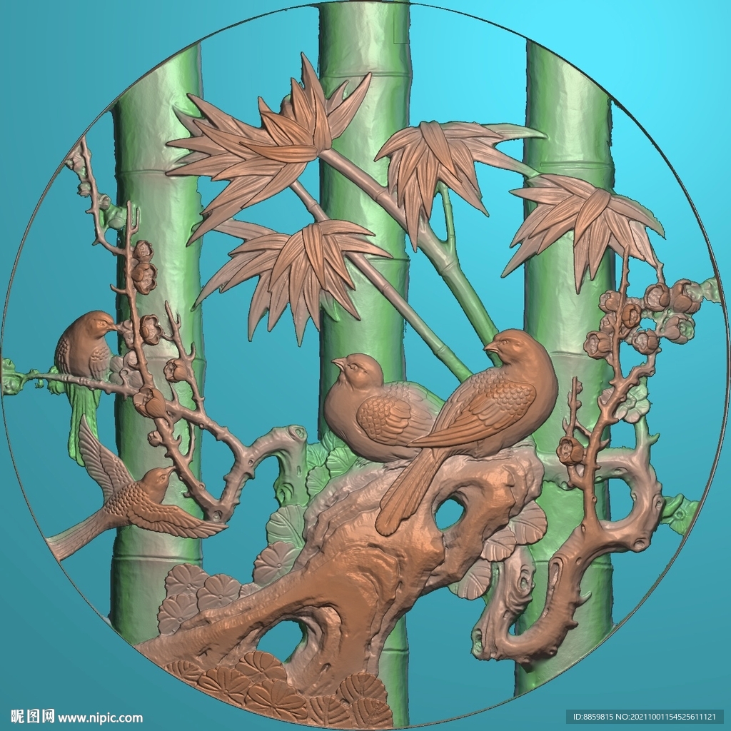 灰度梅竹圆花鸟