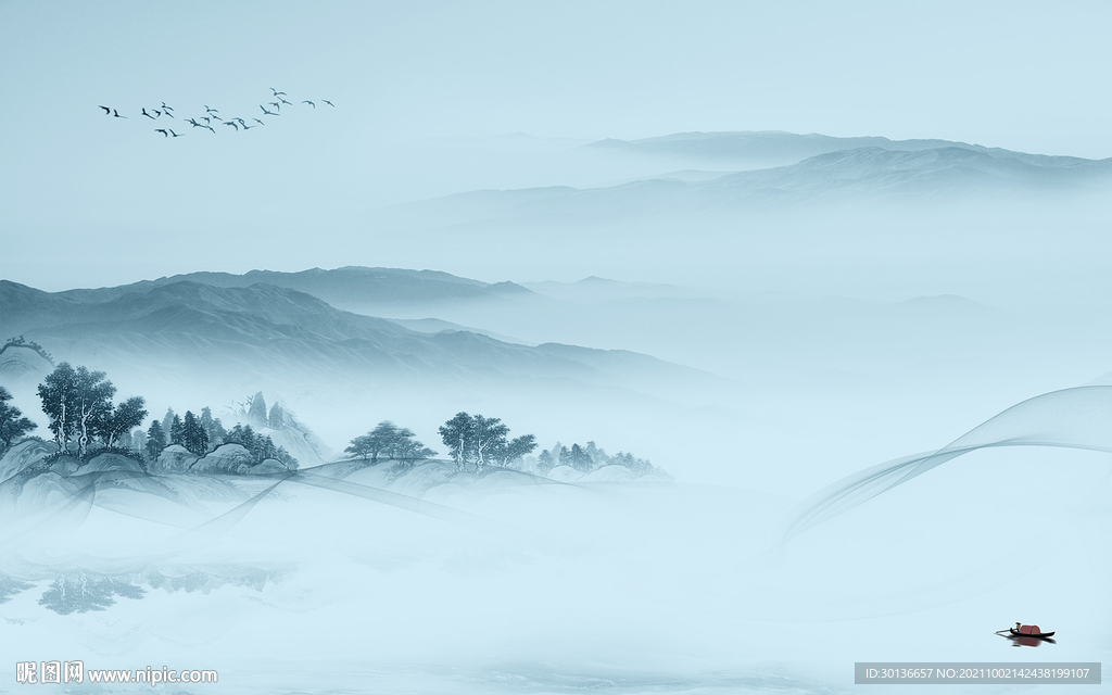 新中式山水墙画背景 TIF分层